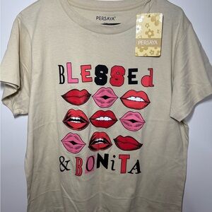 NWT Persaya Blessed & Bonita Lips Cropped Design Tan T Shirt Plus Size 2X